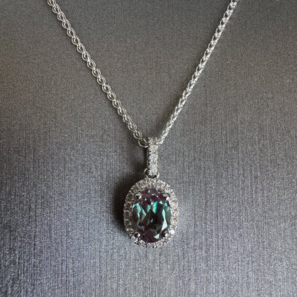🌟SOLD🌟 14K White Gold Lab Alexandrite & Diamond Halo Pendant Necklace ~0.7ct